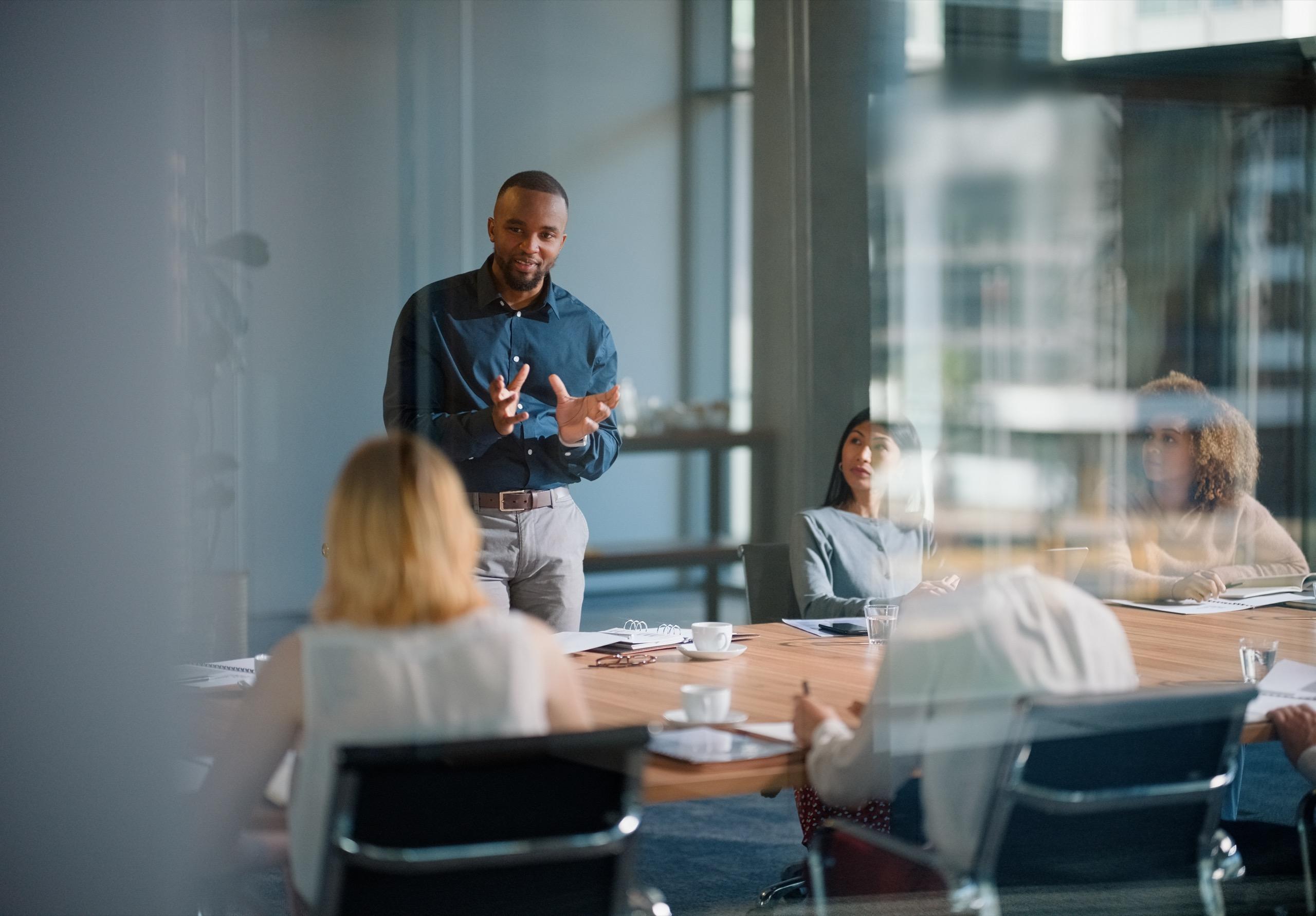 Man presenting to a group of coworkers seated around a conference table.