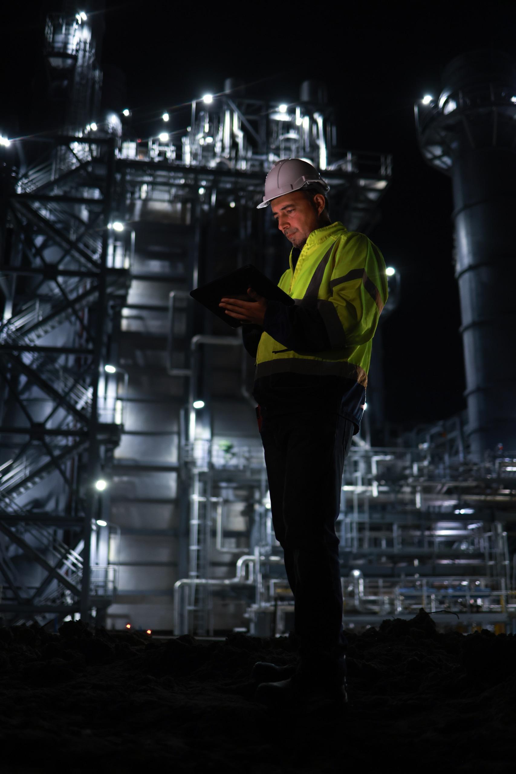 Engineer in reflective jacket using tablet while inspecting industrial plant at night.